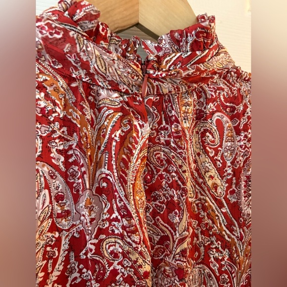 Lulus small rust red paisley mini dress mock neck balloon sleeve wrap skirt - Picture 7 of 14